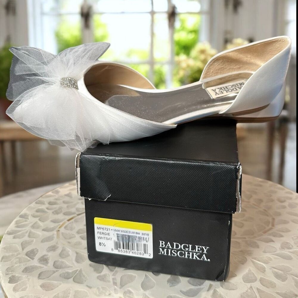 Badgley Mischka Fergie Bridal Ballet Flats Ivory Tulle Bow Pointed Toe D’Orsay S - Picture 9 of 13
